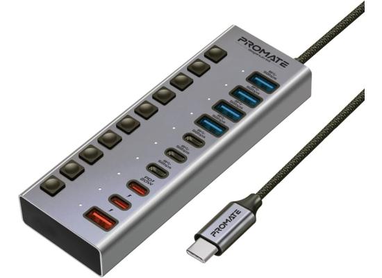 Promate GegaHub-5G 10 in 1 USB-C Multiport Hub, 3 USB-C and 4 USB-A Ports with 5Gbps Data Transfer, Fast Charging USB-C and USB-A Ports, 20W USB-C PD Port with Individual Power Switches and Plug & Play
